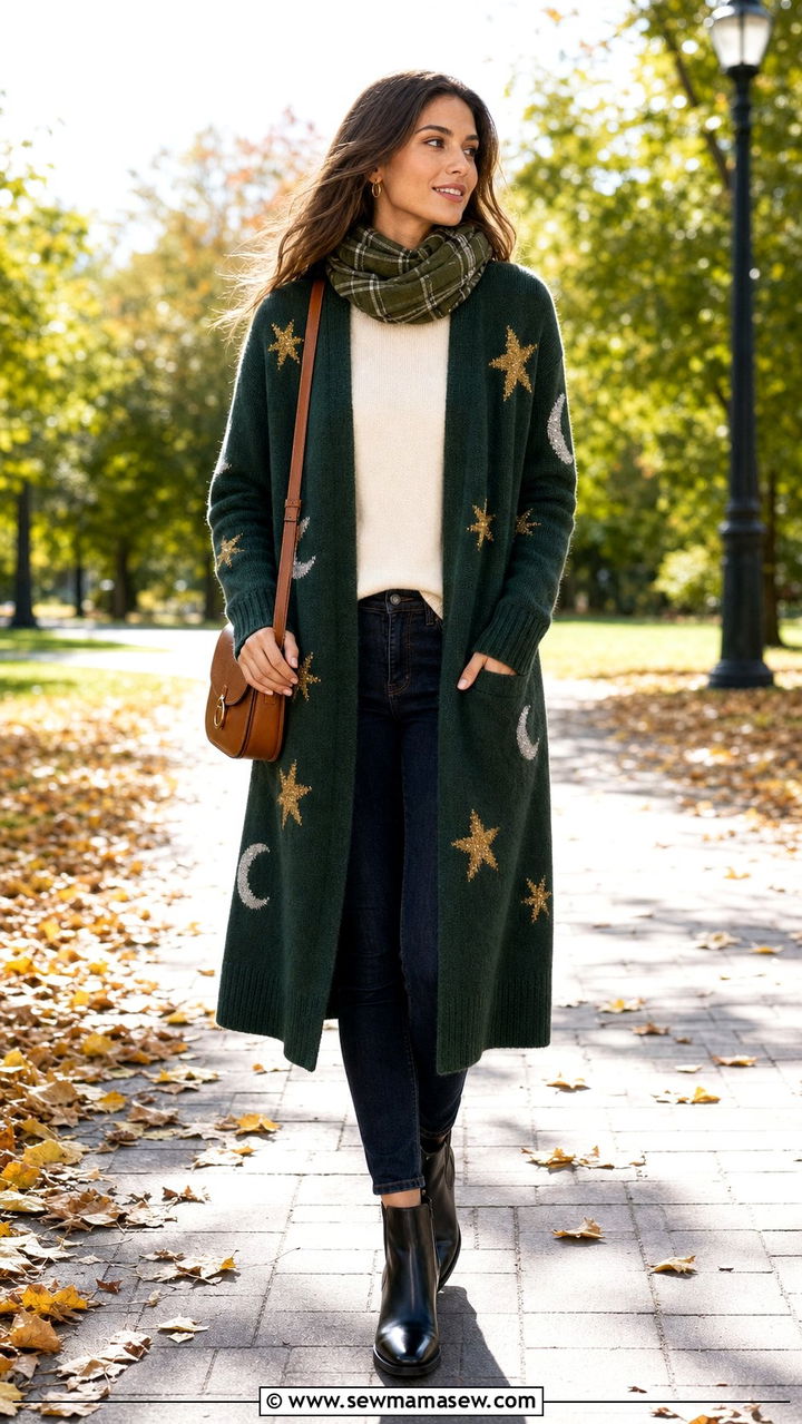Star And Moon Patterned Cardigan Outfit - 25 cute celestial outfits