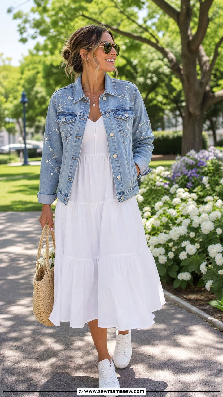 Star Embroidered Denim Jacket Over A White Midi Dress - 25 classy celestial outfits