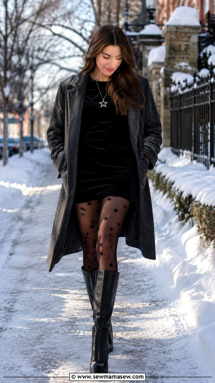 Star Patterned Tights and Velvet Mini Dress - 30 celestial outfits aesthetic