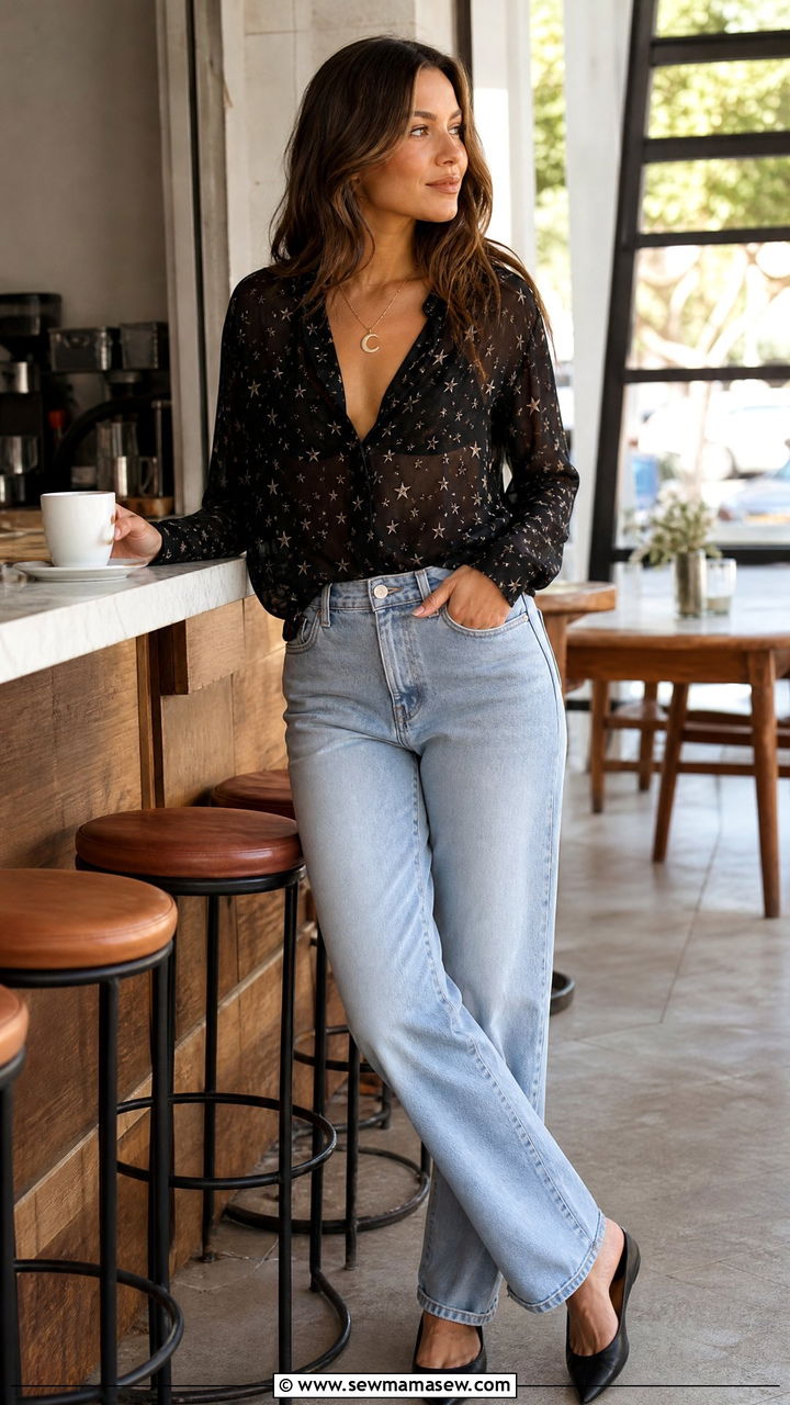 Star Print Blouse with Relaxed Straight Leg Jeans - 25 casual celestial outfits