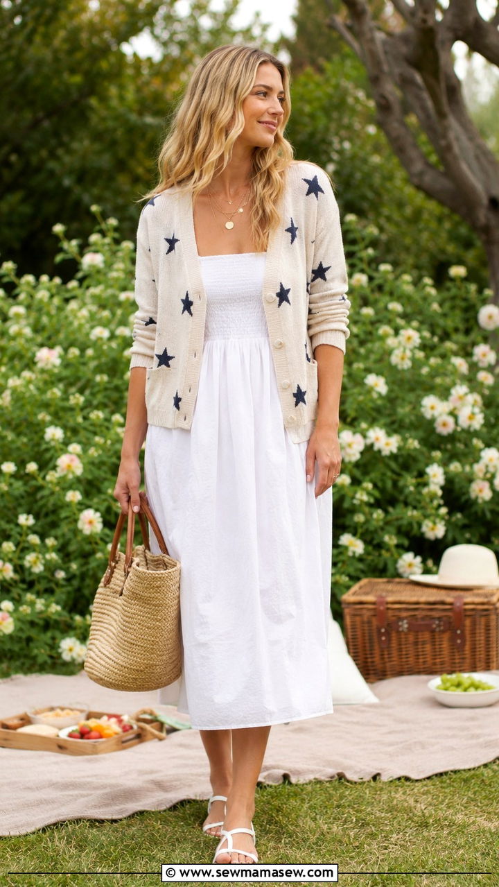 Star Print Cardigan Over White Midi Dress - 30 celestial outfits 2026