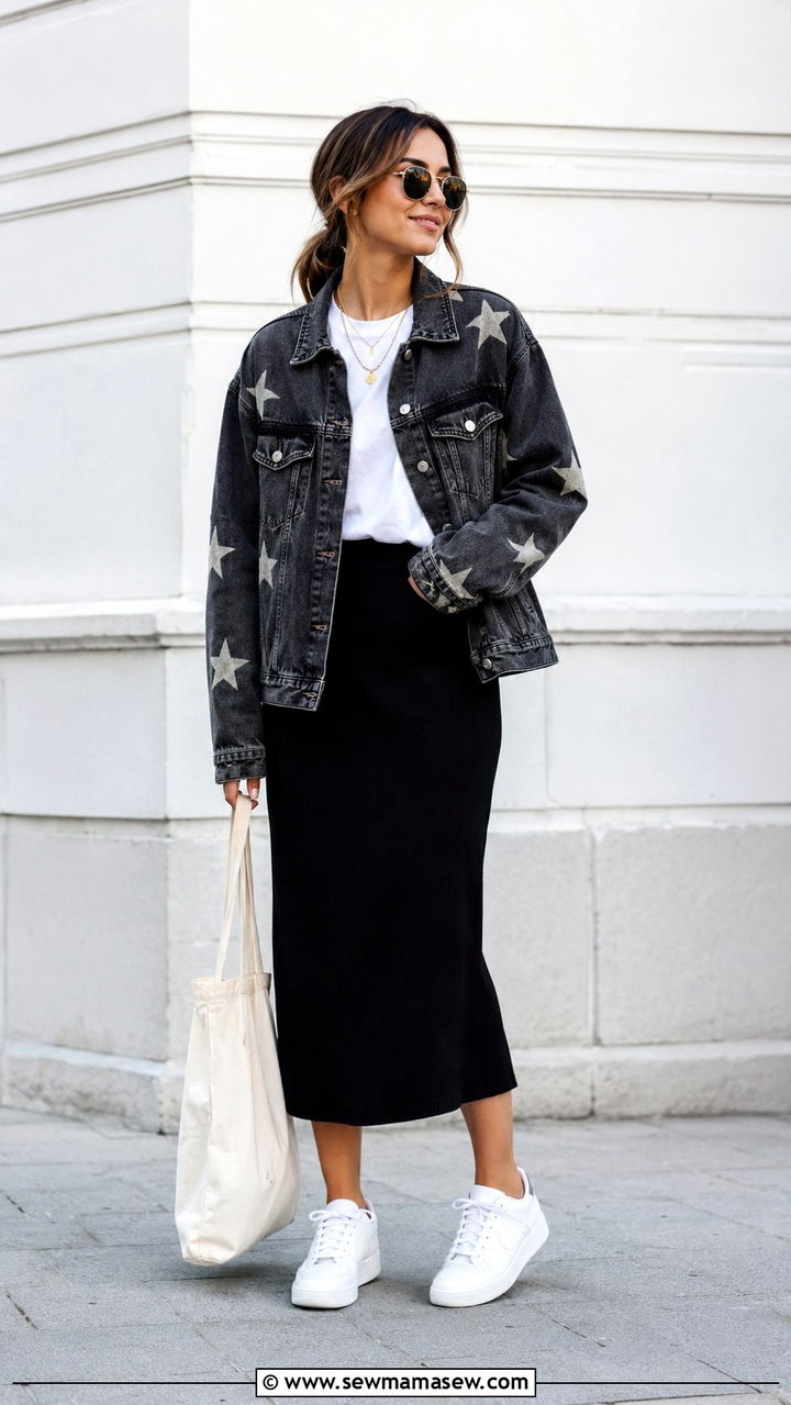 Star Print Denim Jacket and Black Midi Skirt - 30 celestial outfits aesthetic