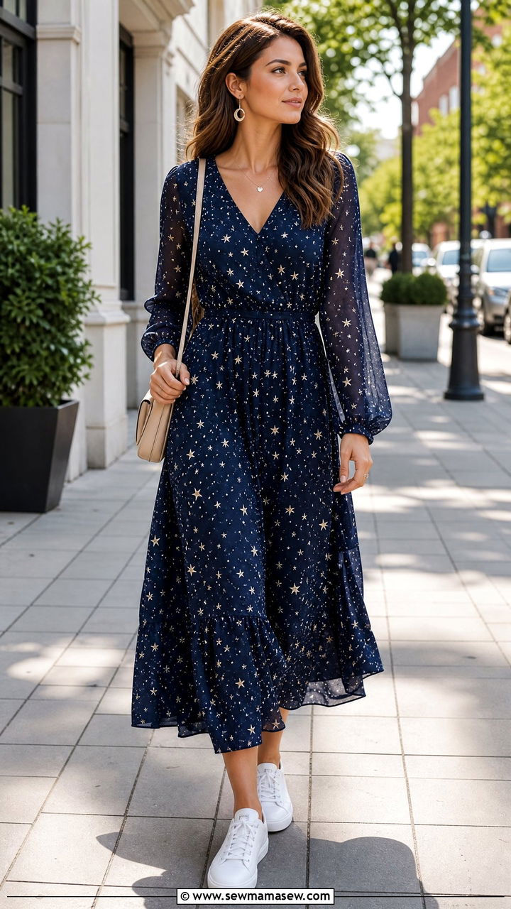 Star Print Midi Dress with White Sneakers - 25 casual celestial outfits