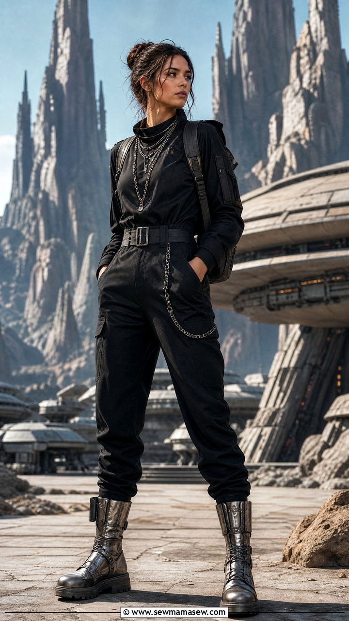 Star Wars Galaxy Inspired Dark Jumpsuit With Metallic Accessories - 40 Disney trip outfit ideas