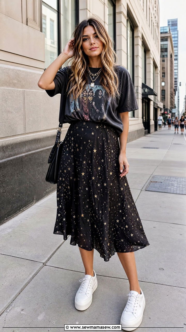 Starry Midi Skirt with a Band Tee and Platform Sneakers - 25 casual celestial outfits