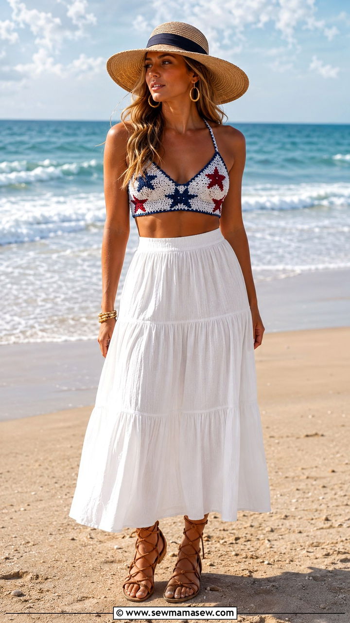 Stars And Stripes Crochet Bralette With High Waisted White Maxi Skirt - 30 July 4th weekend outfit ideas