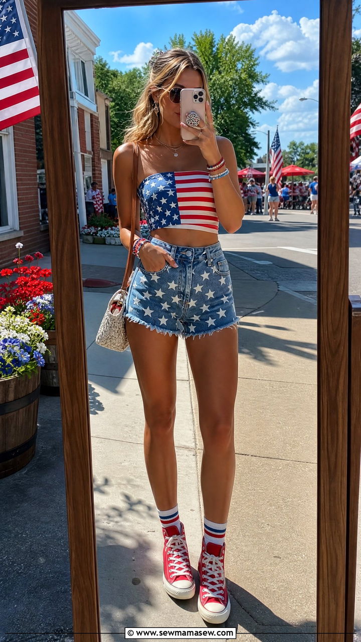 Stars and Stripes Cropped Top With High Waisted Denim Shorts - 30 summer fourth of july outfit ideas
