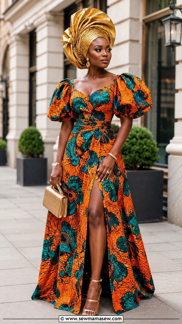 Statement Ankara Maxi Dress With Puff Sleeves - 20 Wedding guest outfit ideas African wedding
