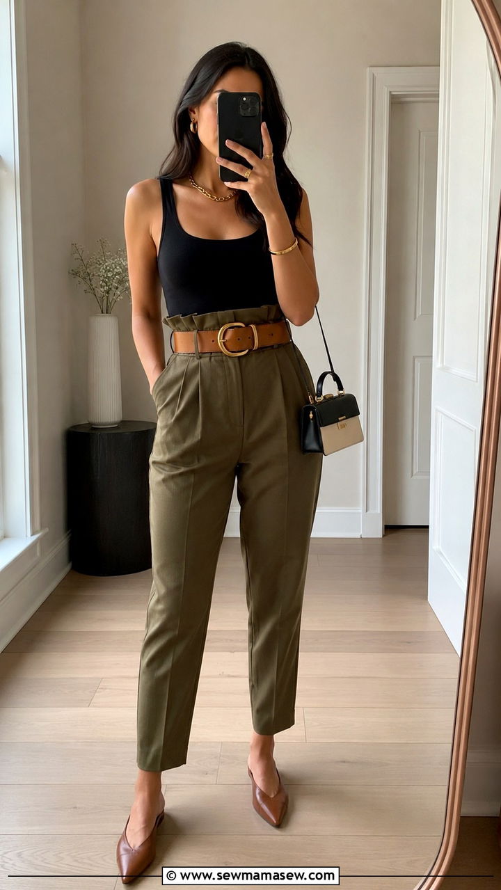 Statement Belt With High Waisted Pleated Trousers and a Bodysuit - 30 Statement belt outfit ideas