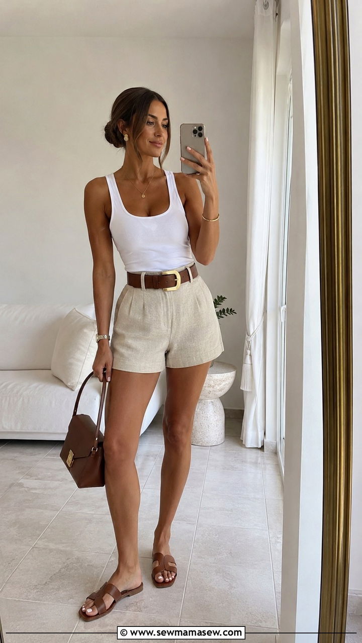 Statement Belt With Simple Top And Linen Shorts - 30 Linen shorts outfit ideas