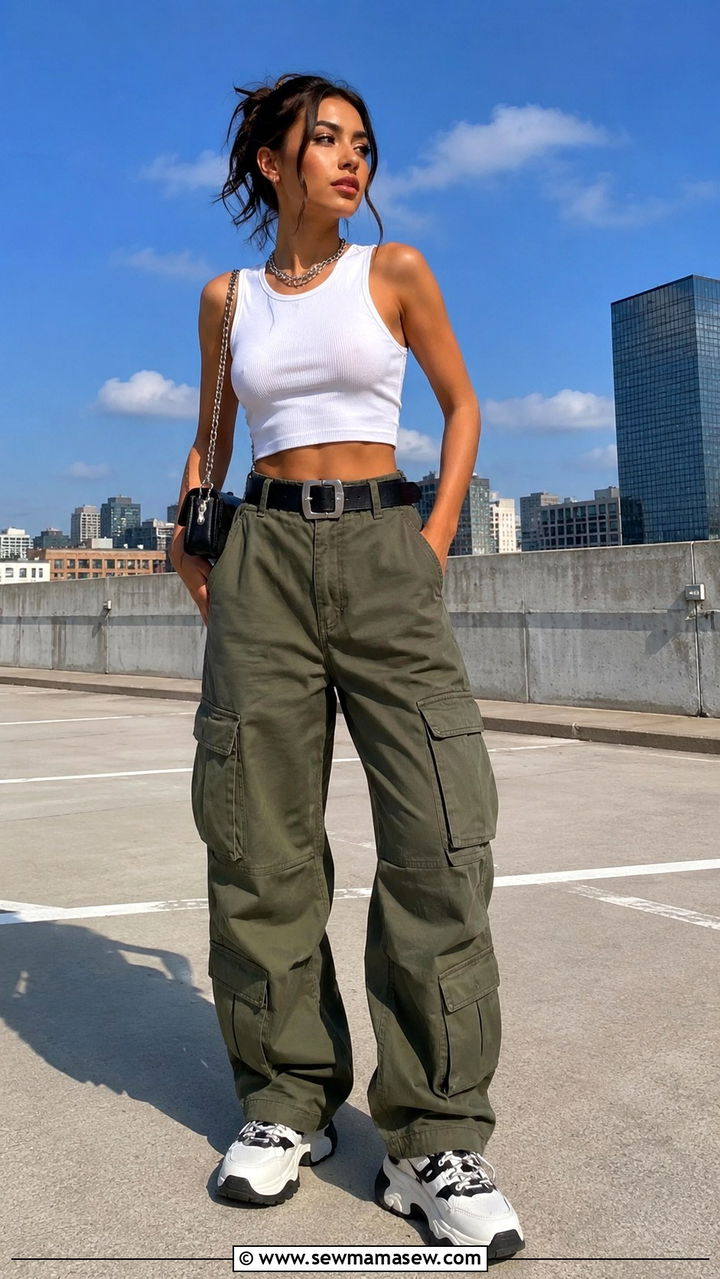 Statement Belt with Cargo Pants and a Cropped Top - 20 spring outfits with statement belt