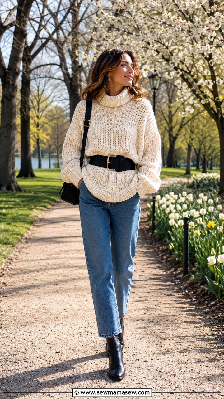 Statement Belt with a Chunky Knit Sweater and Jeans - 20 spring outfits with statement belt