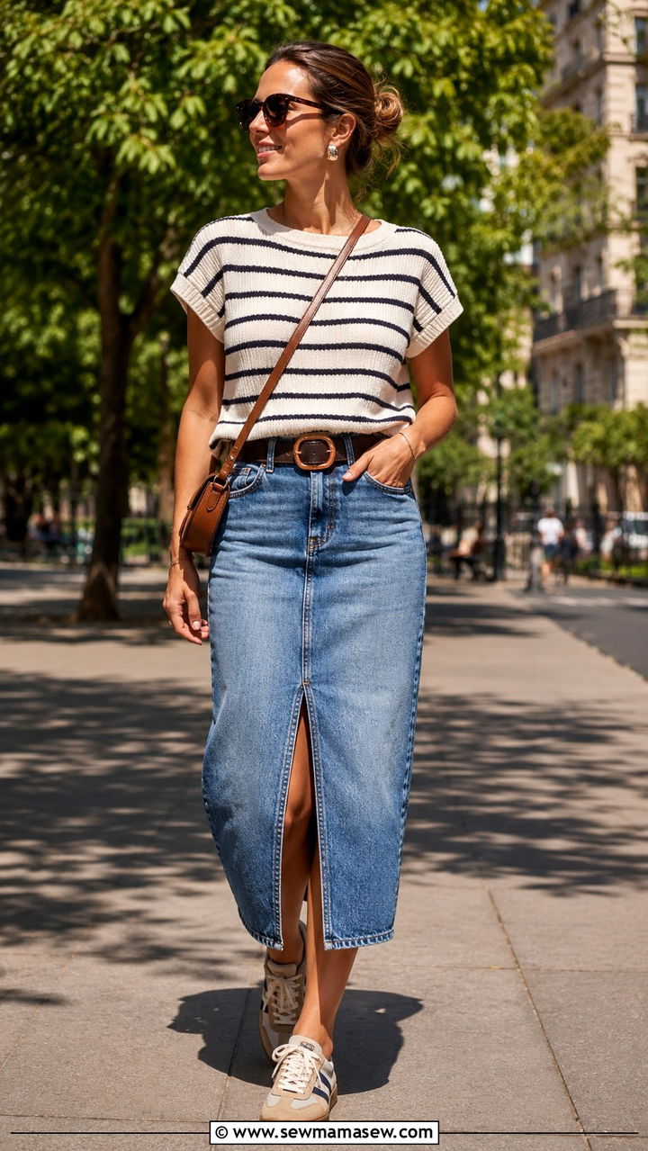 Statement Belt with a Denim Midi Skirt - 20 spring outfits with statement belt