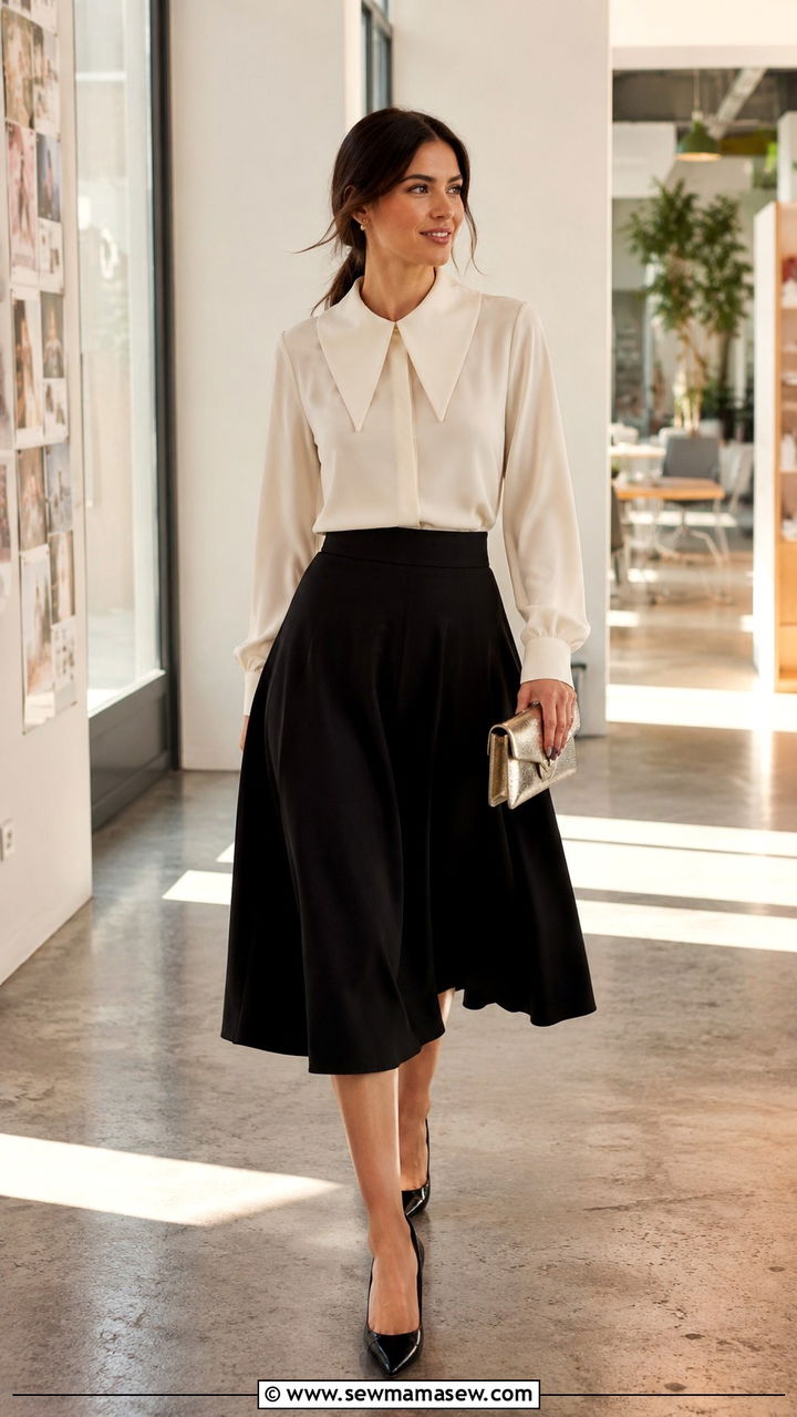 Statement Collar Blouse with A Line Skirt - 30 office outfits inspo