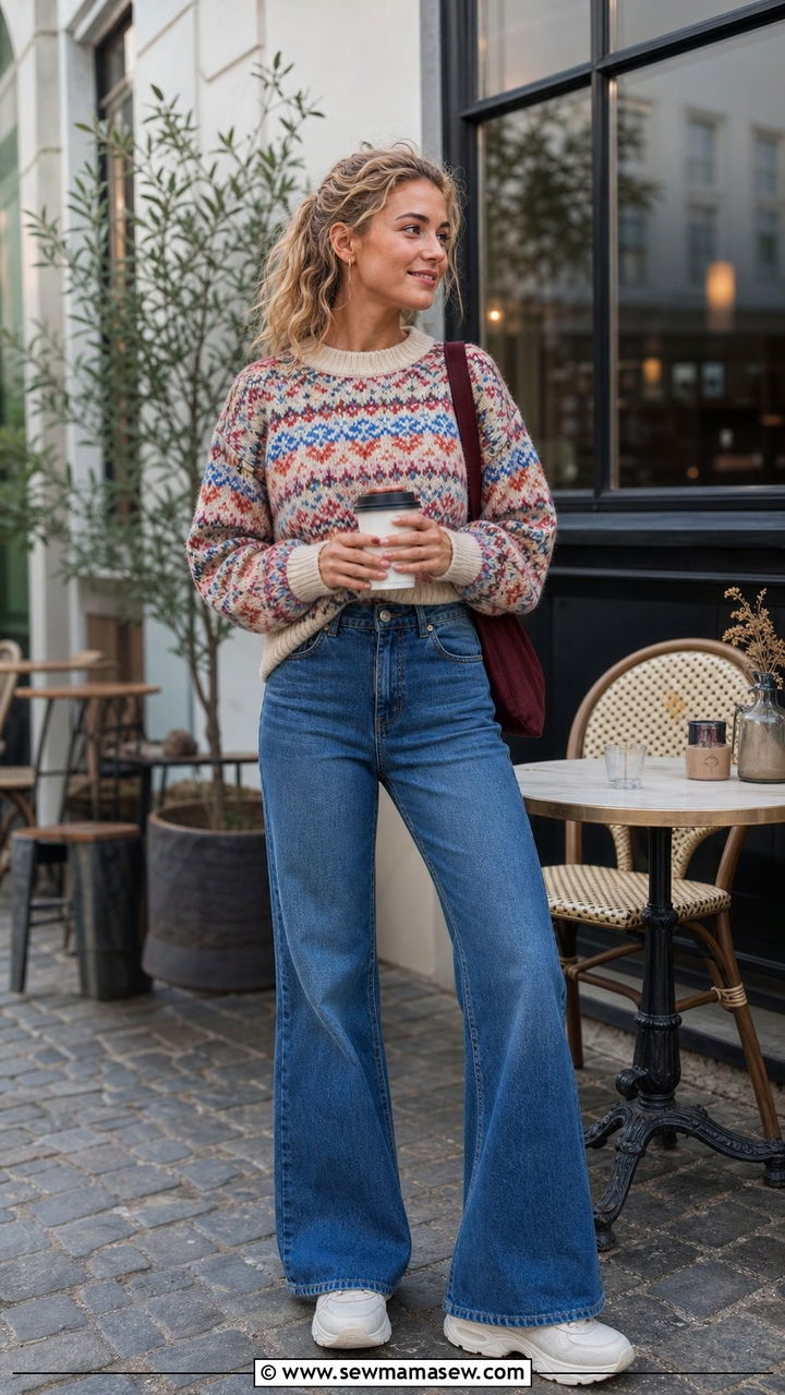 Statement Fair Isle Knit with Flared Jeans and Sneakers - 25 Copenhagen outfits 2026