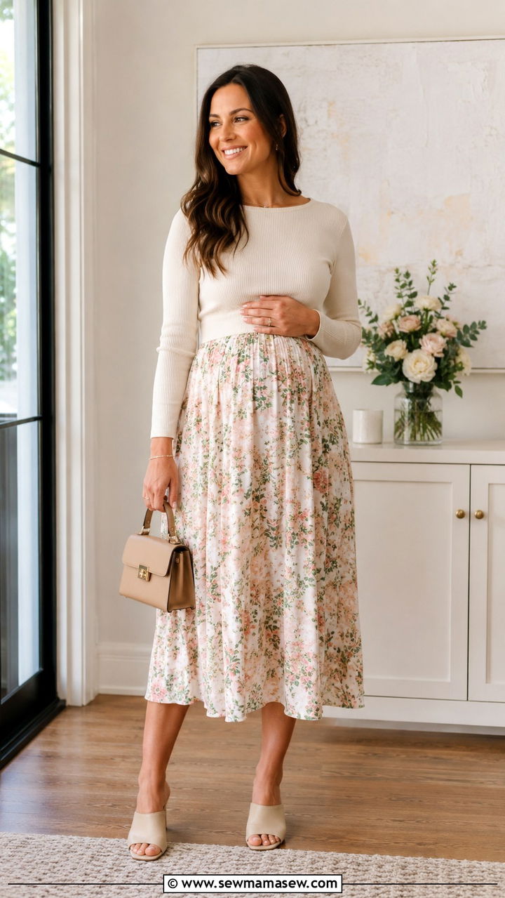 Statement Midi Skirt And Solid Knit Top With Mules - 20 Postpartum outfit ideas week 6
