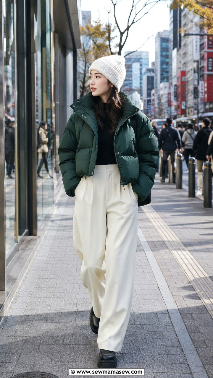 Statement Puffer Jacket With High Waisted Trousers And Beanie - 30 Tokyo vacation outfit ideas