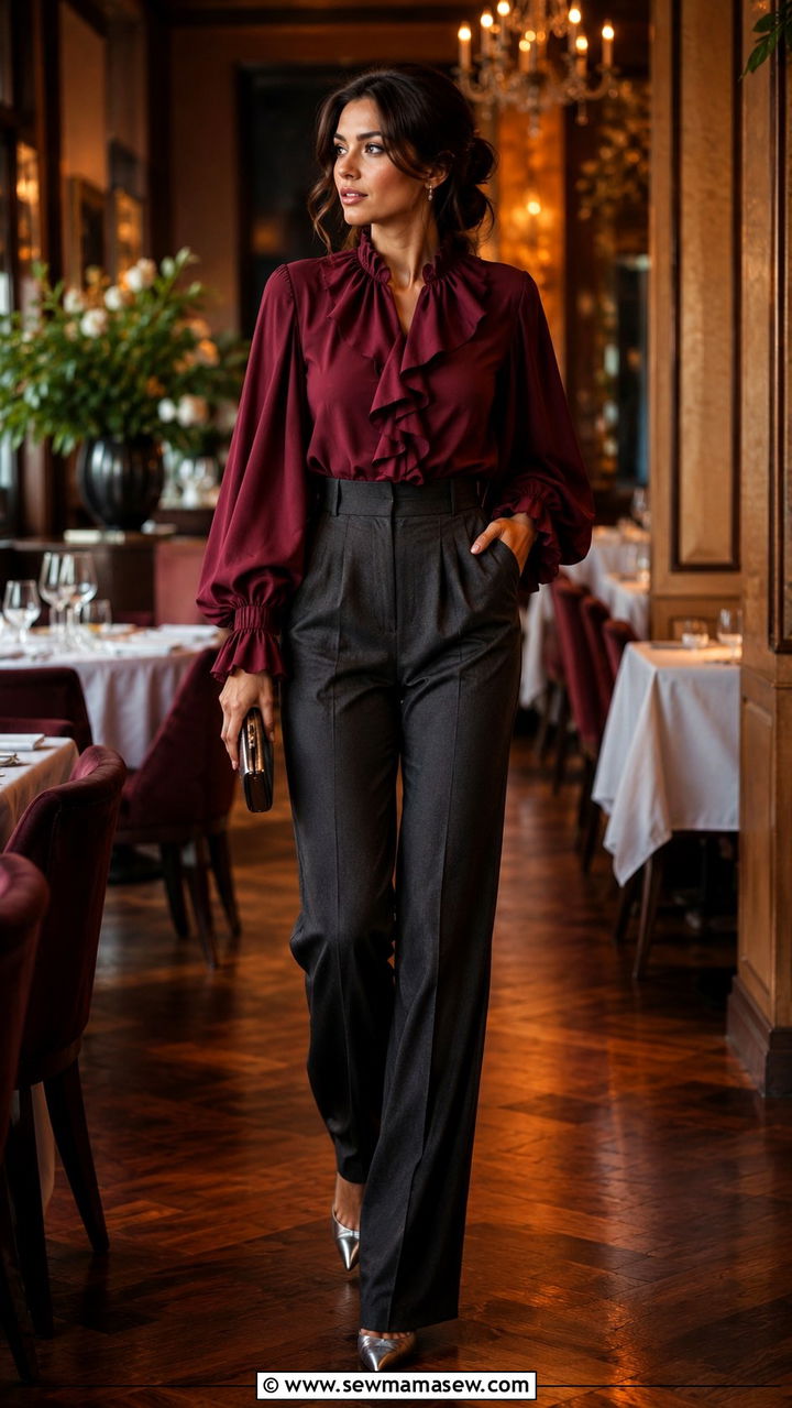 Statement Sleeve Blouse And High Waisted Trousers - 30 Party outfits for pear shape