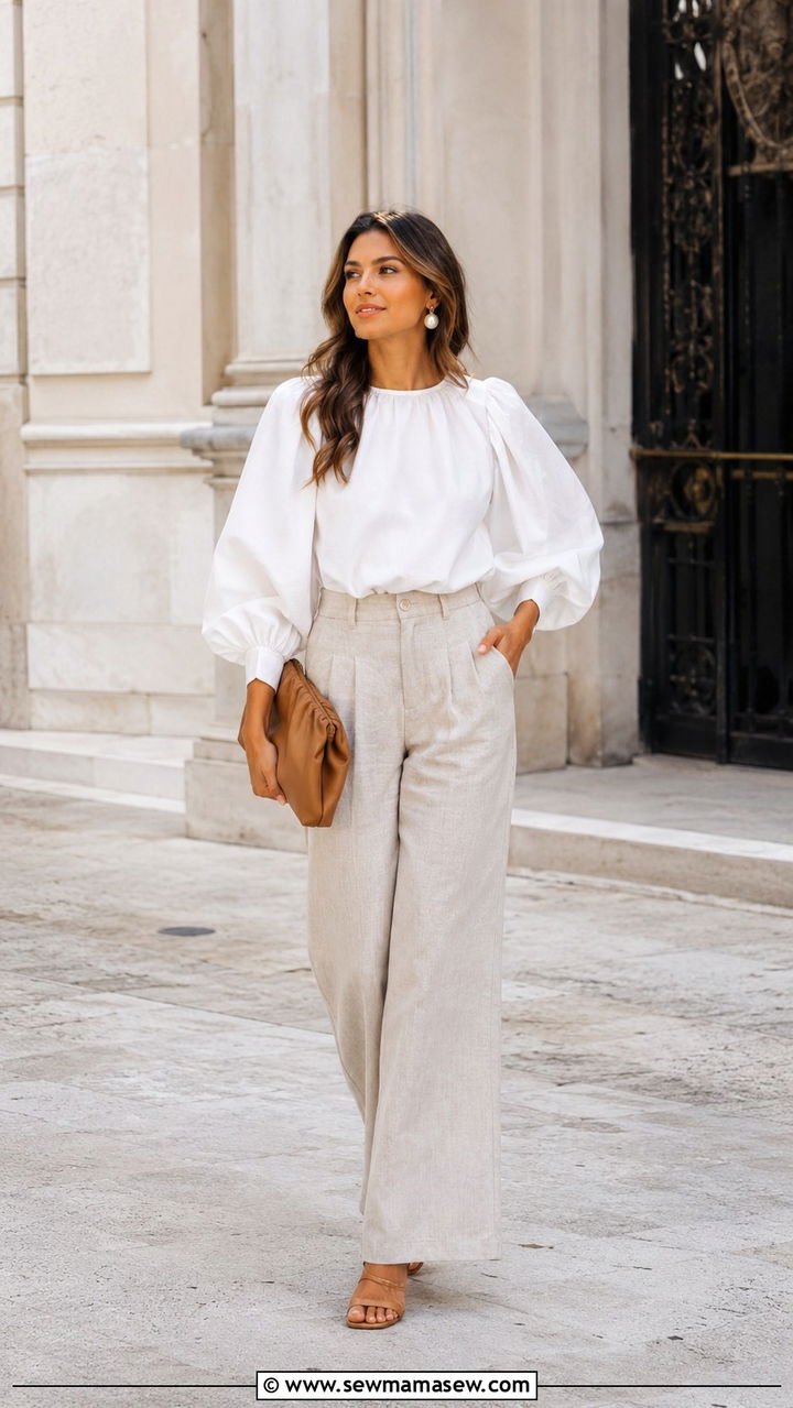 Statement Sleeve Blouse With Linen Wide Leg Trousers - 25 Trendy summer outfit ideas 2026