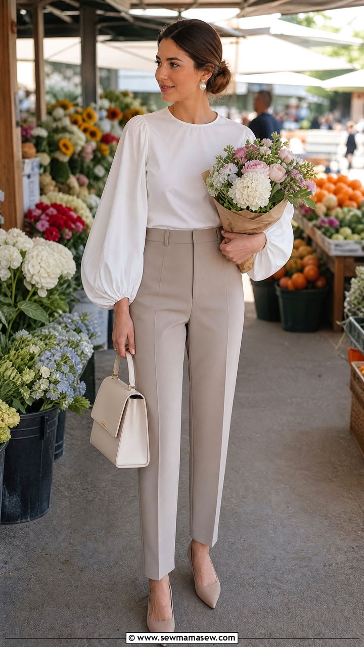 Statement Sleeve Top And Tailored Trousers Outfit - 40 Spring farmers market outfits