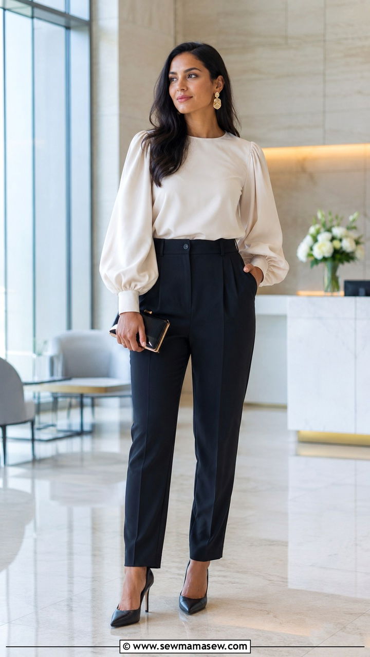 Statement Sleeve Top With Tailored Trousers - 30 classy outfits for pear shaped body