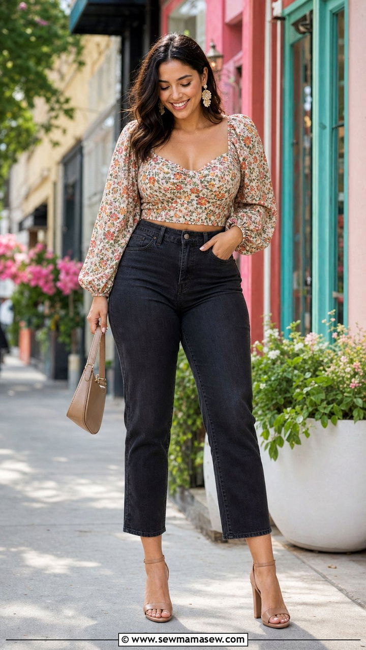 Statement Sleeve Top with Cropped Jeans - 25 Spring outfits for pear shape