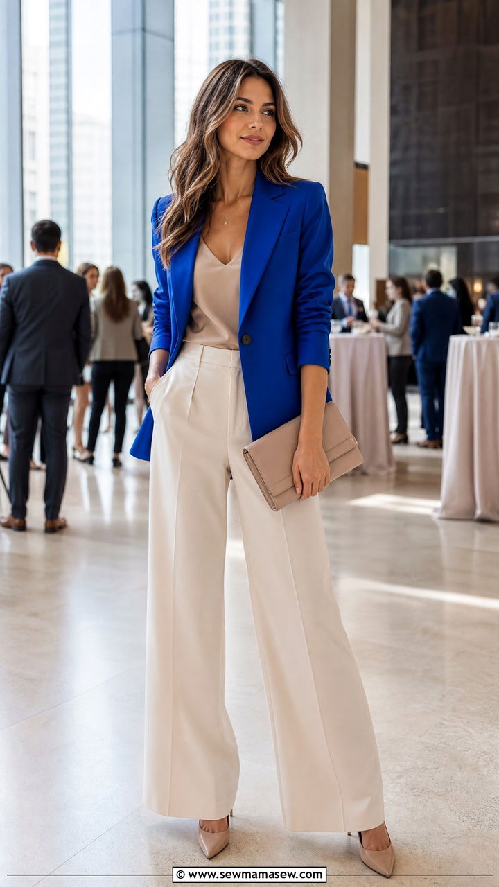 Statement blazer and neutral wide leg trousers - 35 Marketing conference outfit ideas