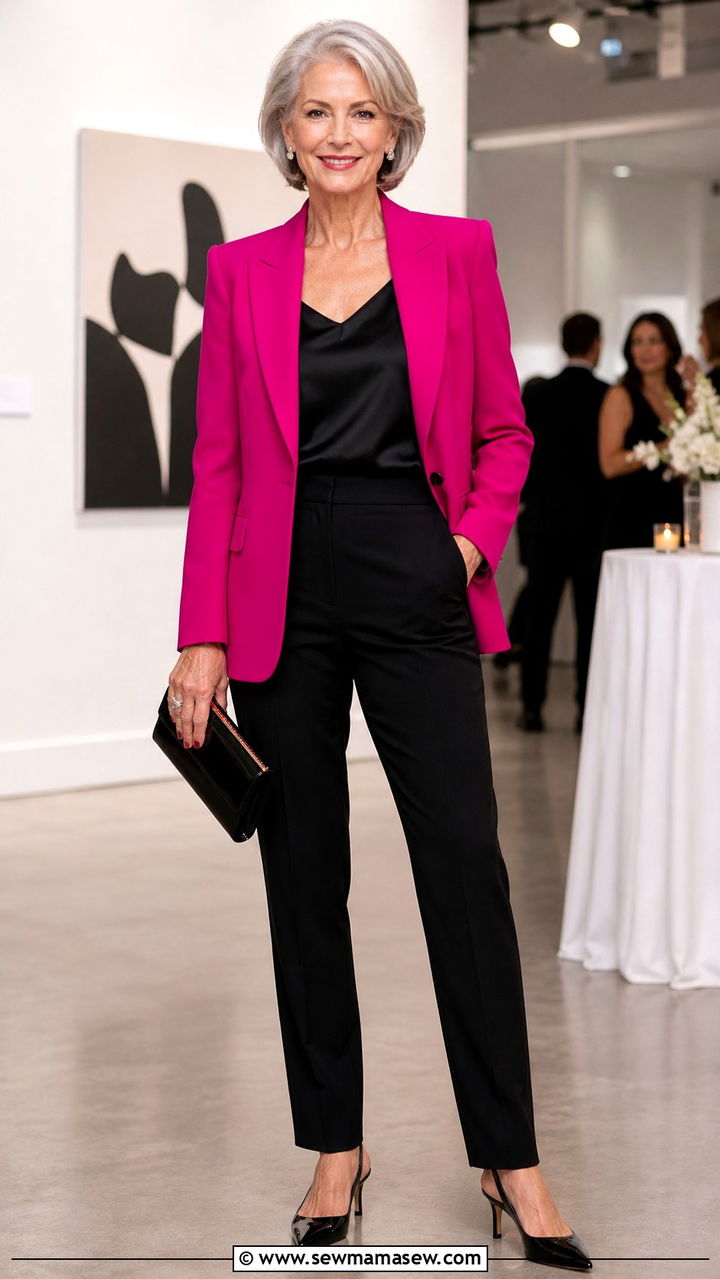 Statement blazer with black pants outfit - 20 60 year old woman outfit ideas