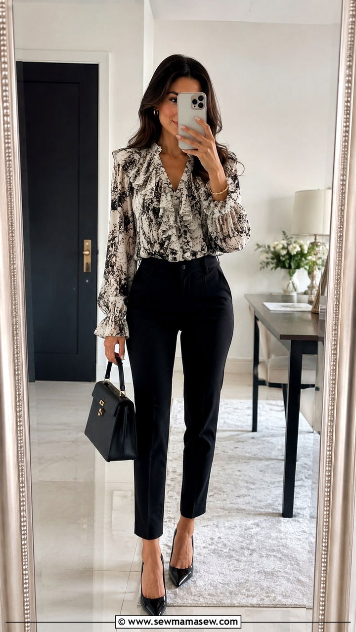 Statement blouse and slim ankle trousers - 25 Work outfit ideas for Thursday