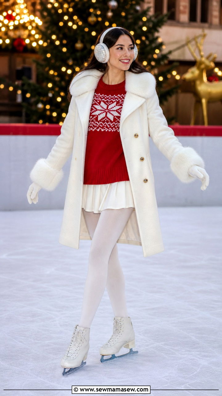 Statement coat and festive sweater white tights ice skating look - 40 Ice skating outfit ideas