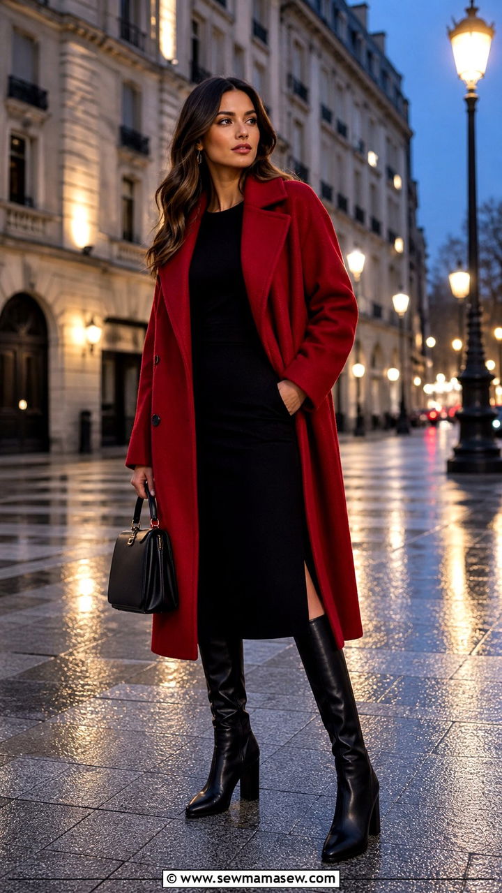 Statement coat over black midi dress - 20 20 year reunion outfit ideas