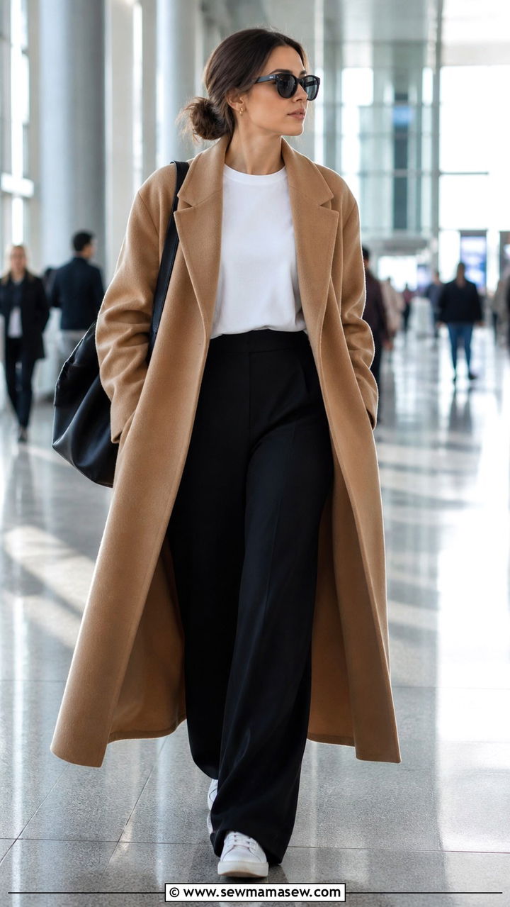 Statement coat with tee and trousers long flight - 40 Long flight outfit ideas