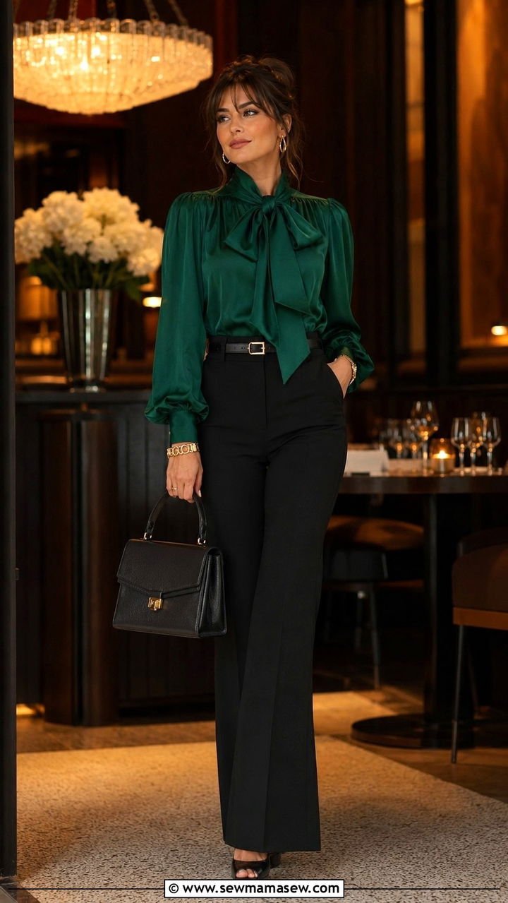 Statement collar blouse with high waisted flare trousers outfit - 25 Mid century modern outfit ideas