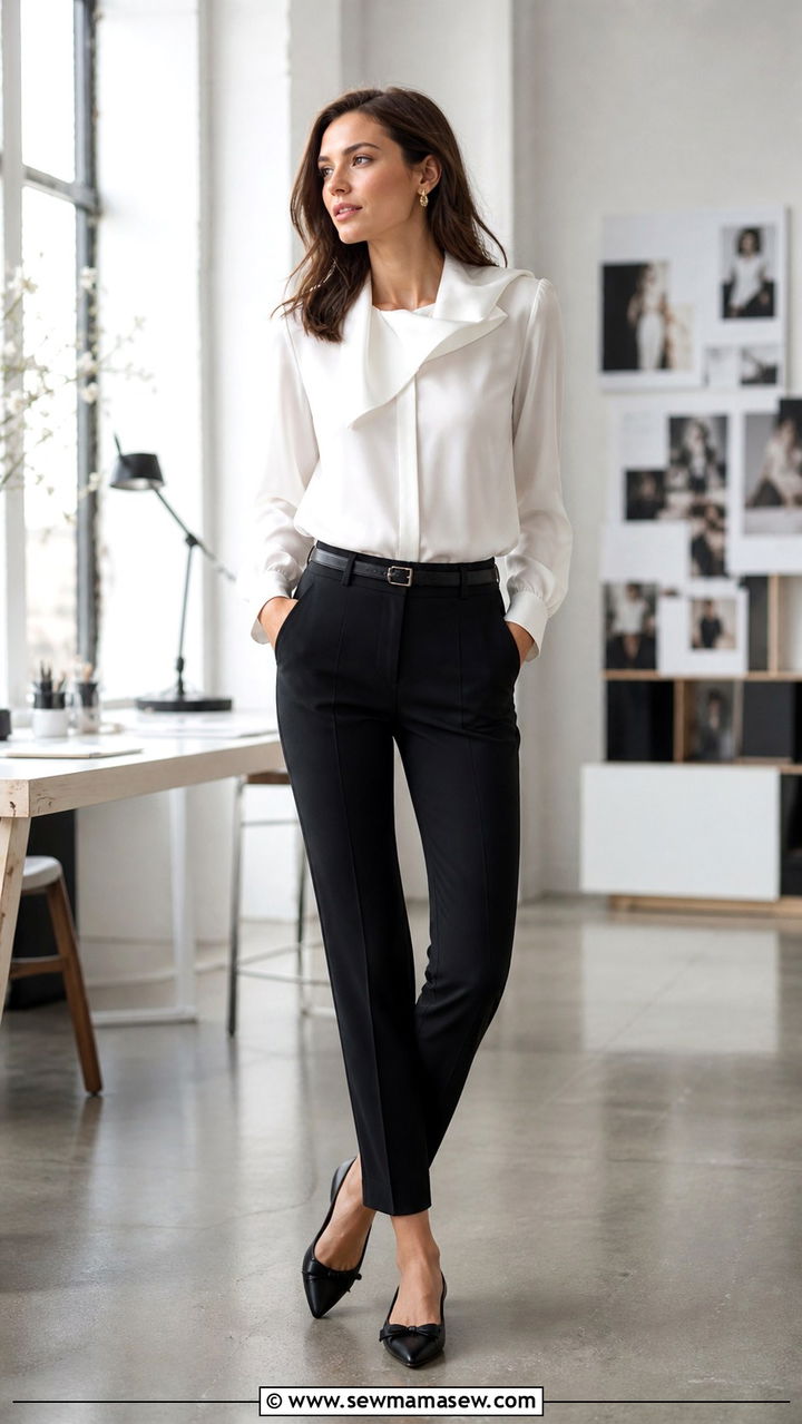 Statement collar blouse with slim trousers - 40 office outfits 2026