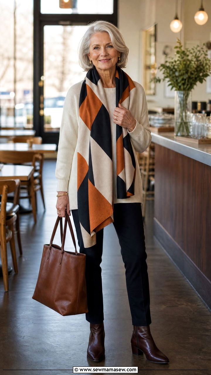 Statement scarf and leather tote bag outfit after 60 - 20 Fashion mistakes to avoid over 60