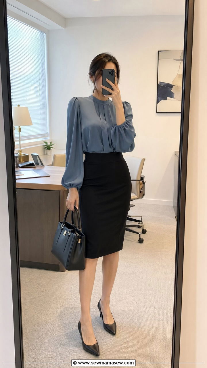 Statement sleeve blouse and pencil skirt outfit - 35 Conference outfit ideas for women