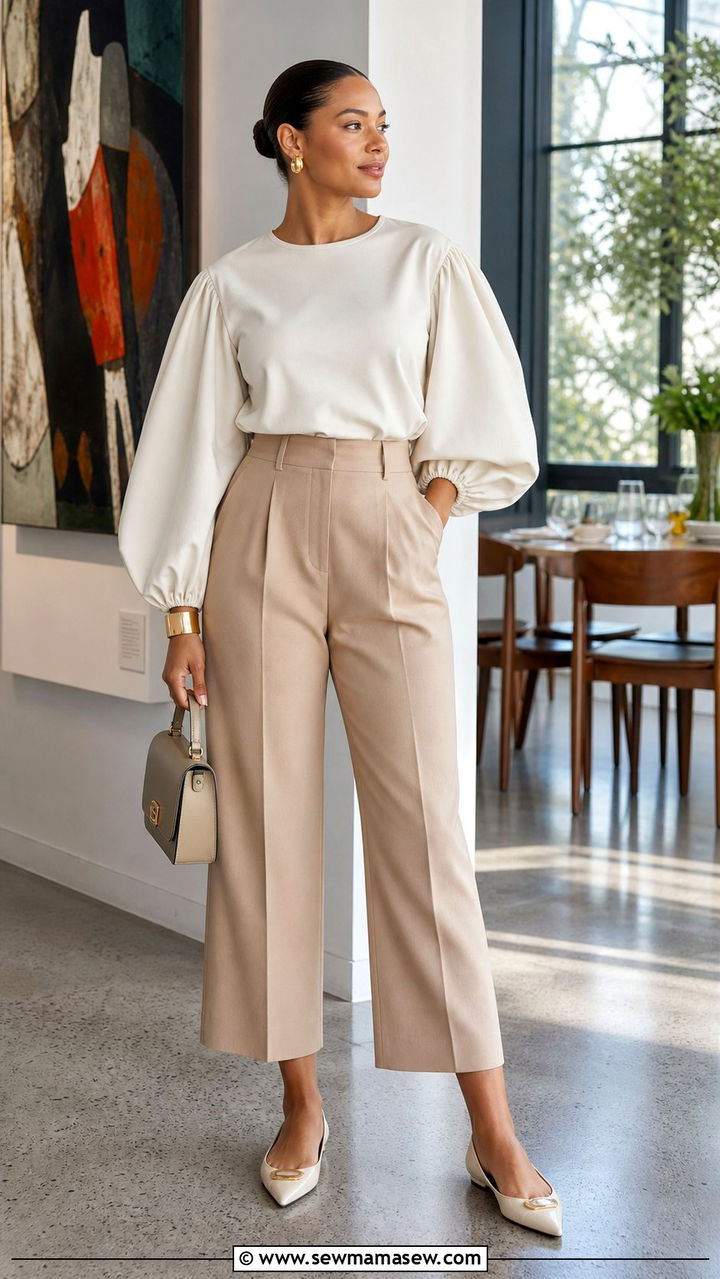 Statement sleeve top with cropped trousers brunch outfit - 35 Brunch outfits for pear shape