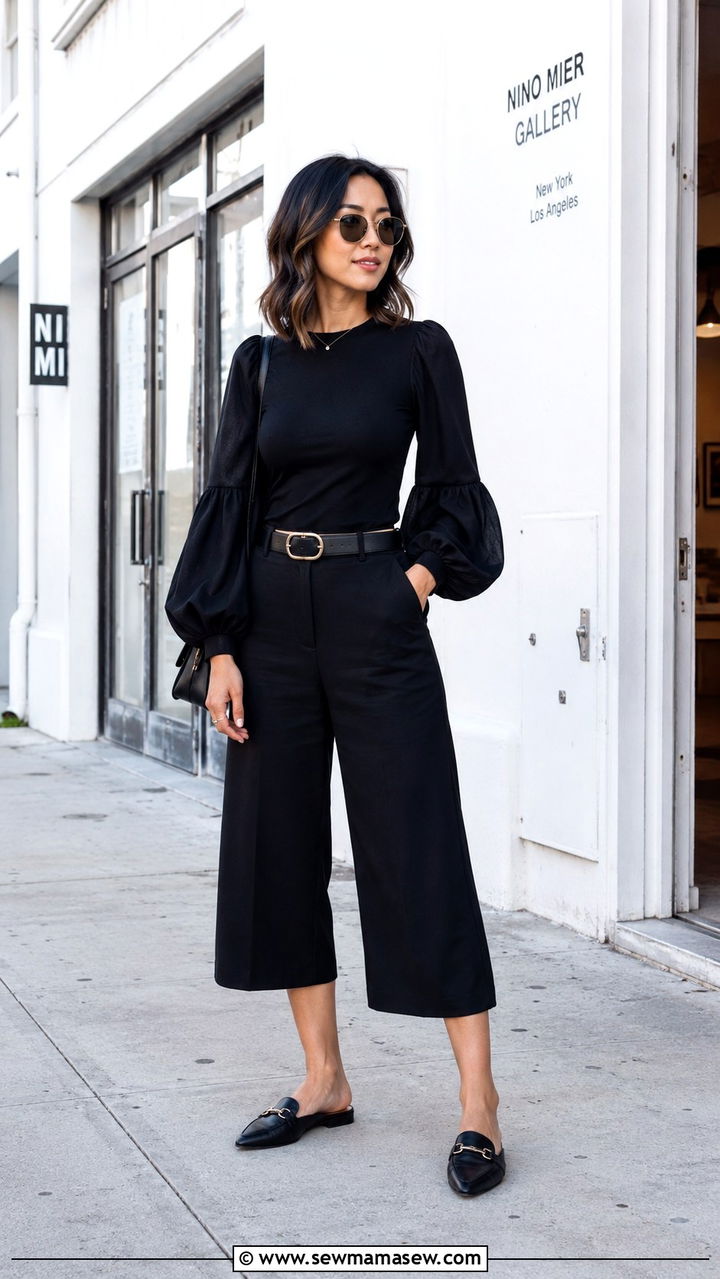Statement sleeve top with culottes - 25 Outfit ideas for narrow shoulders