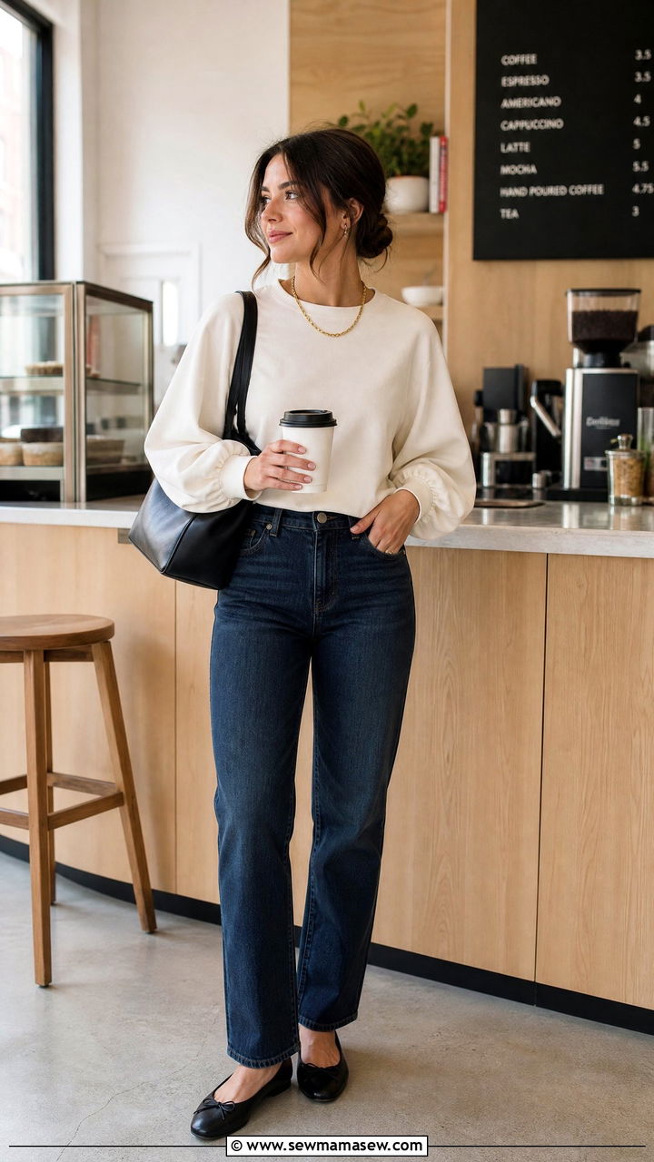 Statement sleeve top with dark denim and ballet flats - 30 Modest capsule wardrobe 2026