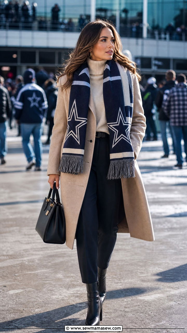 Statement team scarf with wool coat - 25 Football game outfit ideas cold