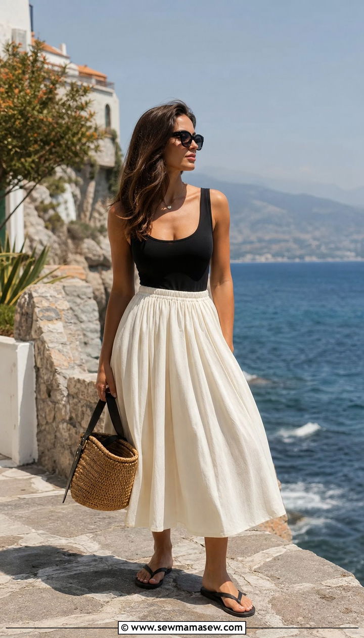 Statement volume skirt with simple tank and flip flops - 25 spring summer 2026 outfits inspo