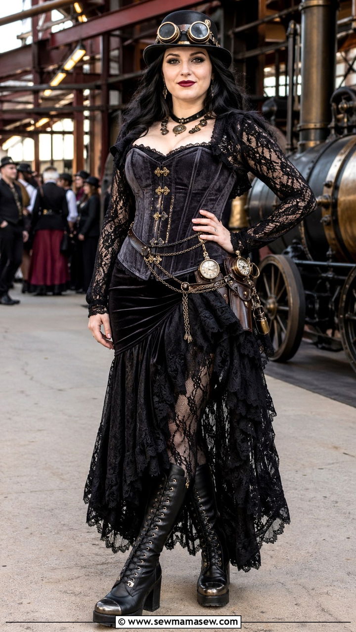 Steampunk goth velvet corset with long lace skirt and brass accessories - 40 Gothic outfit ideas