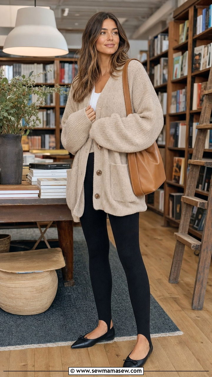 Stirrup Leggings With Oversized Cardigan And Pointed Ballet Flats - 25 Sporty chic outfit ideas ballet