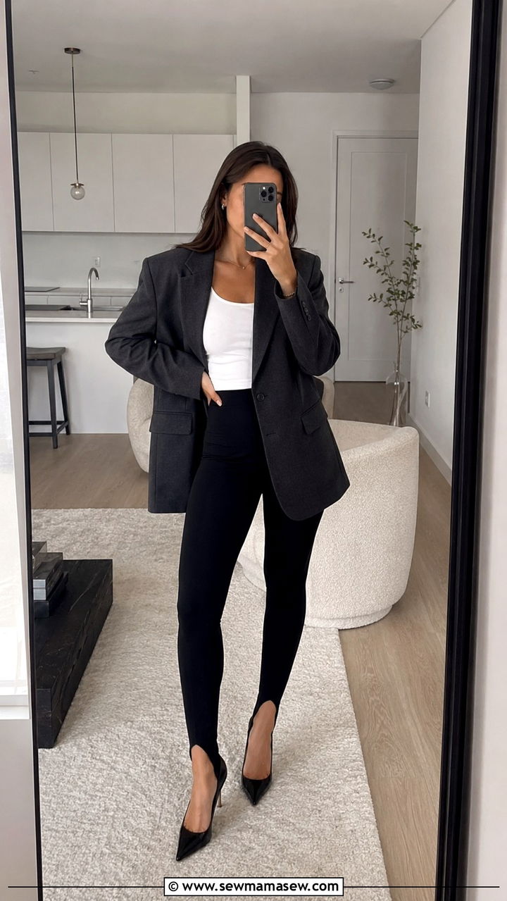 Stirrup leggings with a tailored blazer and pointed toe pumps - 30 How to style leggings