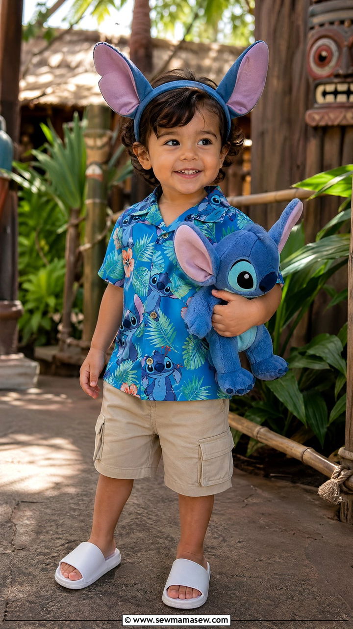 Stitch Tropical Print Hawaiian Shirt and Shorts - 35 Disney outfit ideas for toddlers
