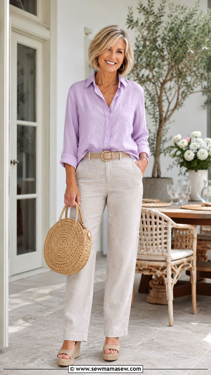 Stone Colored Linen Pants with a Pastel Button Down - 30 Linen pants outfit ideas for women over 50
