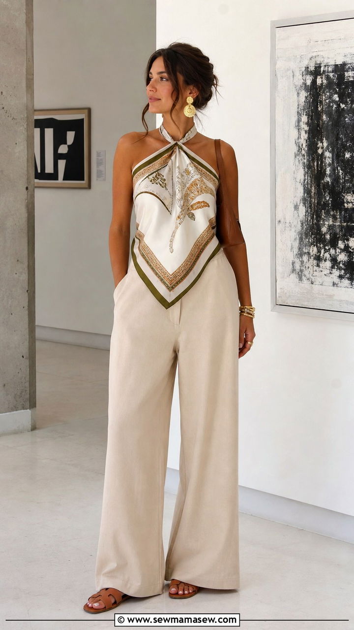 Stone Colored Wide Leg Trousers With A Silk Scarf Top - 40 Marrakech outfit ideas