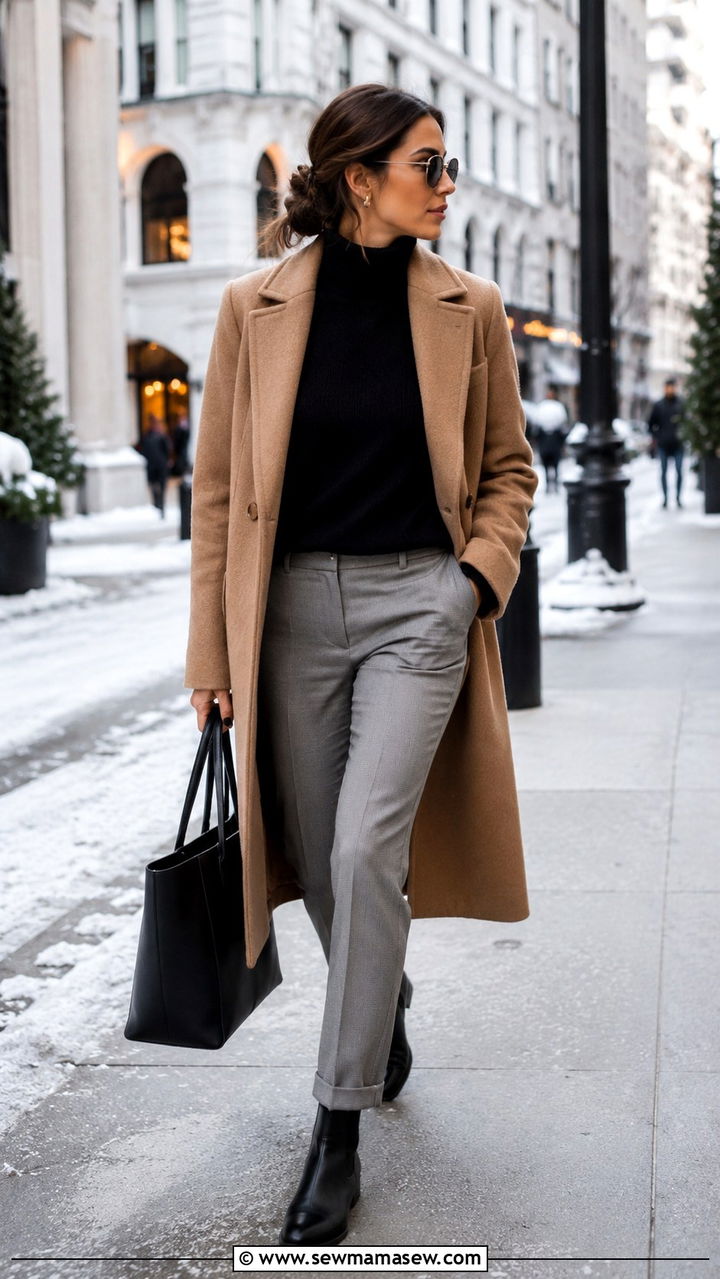 Stone Grey Chinos With Camel Wool Coat and Black Turtleneck - 25 Old money outfit ideas with chinos