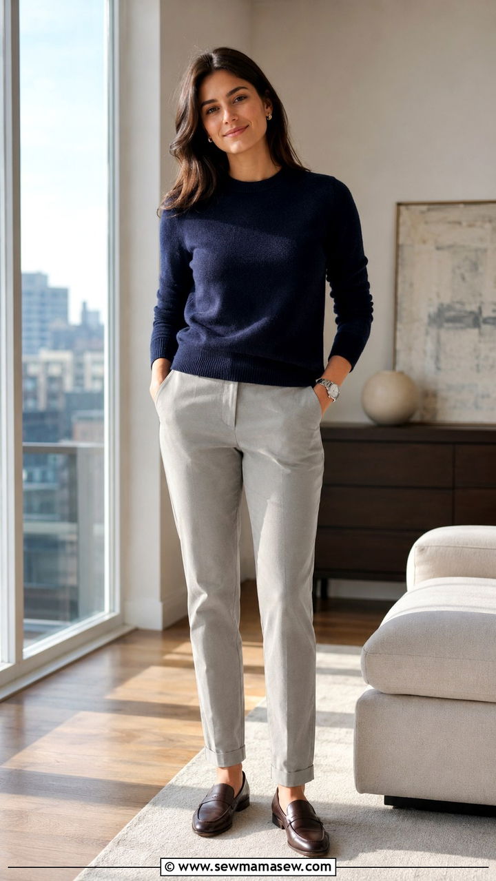 Stone Grey Chinos With Navy Cashmere Crewneck - 25 Old money outfit ideas with chinos
