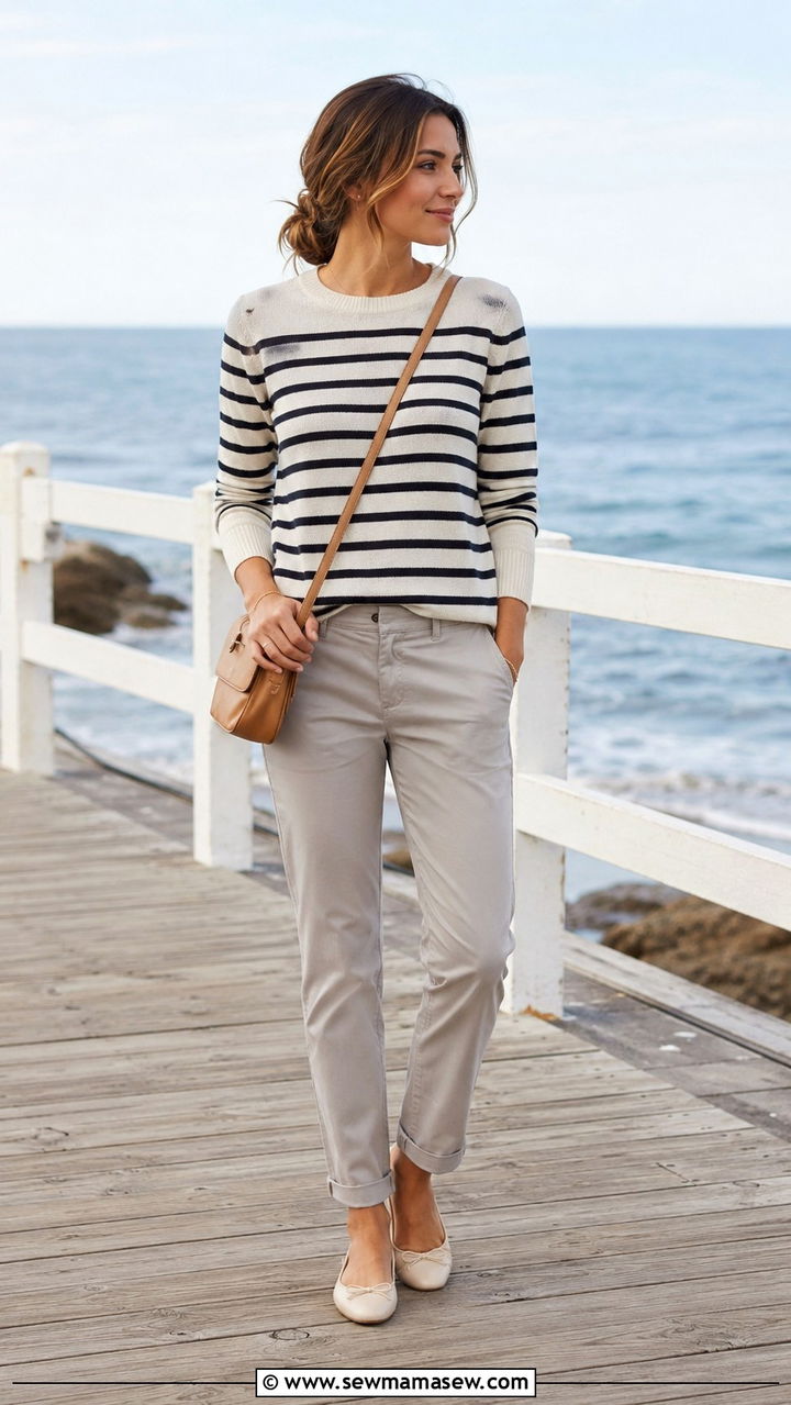 Stone Grey Chinos With Navy and Cream Striped Sweater and Ballet Flats - 25 Old money outfit ideas with chinos